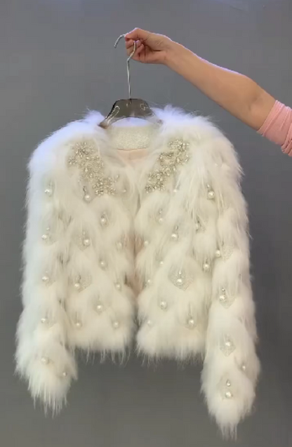 Pearl-embellished faux fur jacket